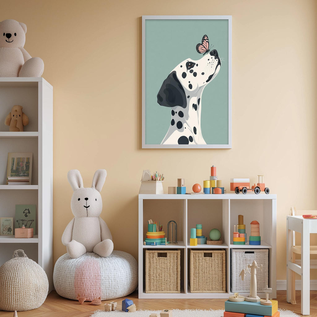 A cozy children's room with a white bookshelf, a stuffed rabbit, a framed poster of a Dalmatian dog, and a toy train.