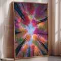 a large, framed picture of a vibrant, colorful forest scene with trees displaying a variety of autumn colors.