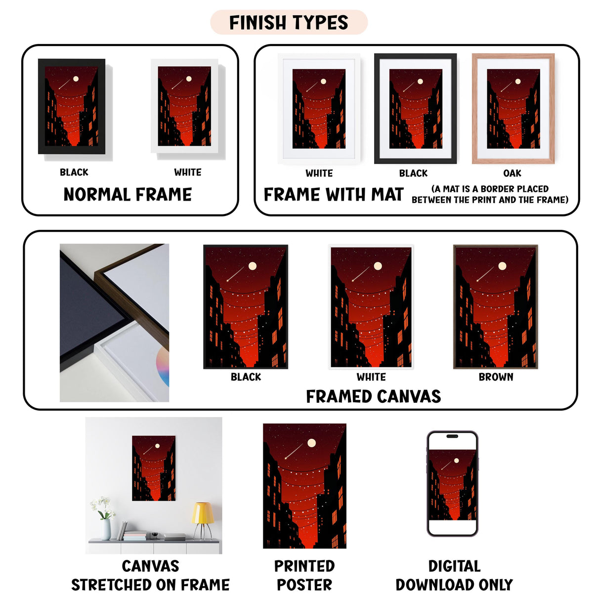 various finish types for a framed artwork, including a normal frame, a frame with a mat, a black frame, a white frame, a black frame, an oak frame, a white frame, a black frame, a white framed canvas, a stretched canvas, a printed poster, and a digital download only.