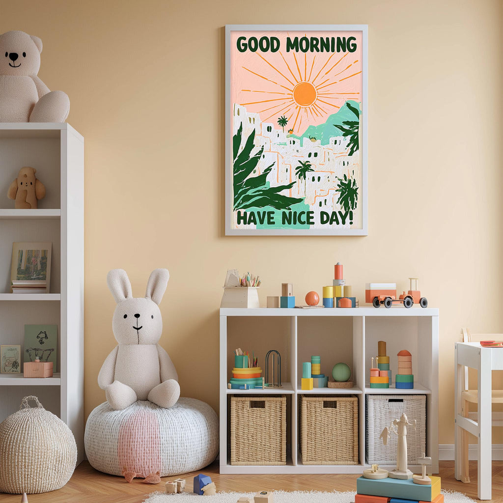 A child's bedroom with a white bookshelf, a stuffed rabbit, and a colorful poster on the wall. The poster features a sun and palm trees, along with the text "GOOD MORNING HAVE NICE DAY!"