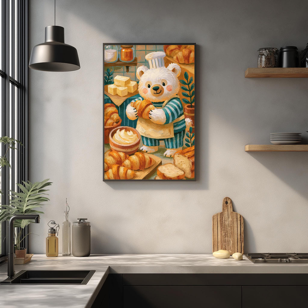 a kitchen scene with a framed illustration of a bear wearing a chef's hat and apron, surrounded by various baking items such as bread, cakes, and pastries.