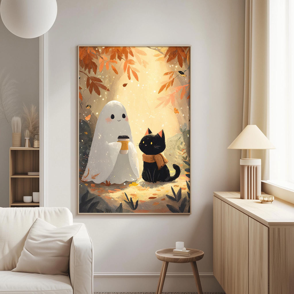 a cozy living room with a large framed artwork depicting a ghost and a black cat sitting together on a bed of leaves.