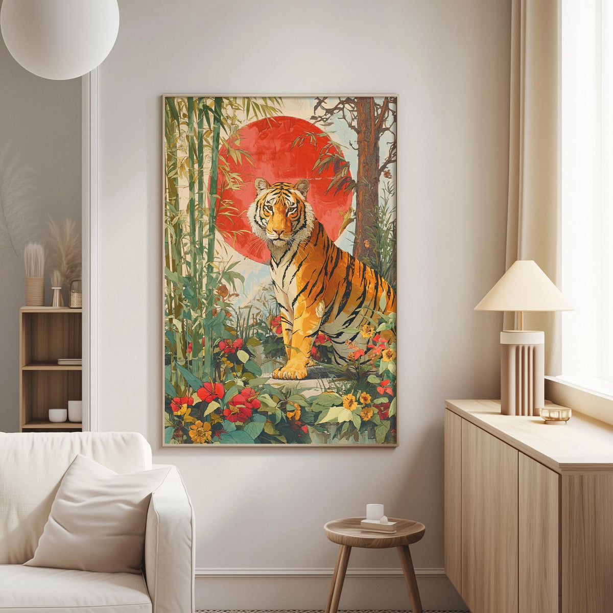 a large, colorful painting of a tiger in a lush, tropical setting, with a red sun in the background.