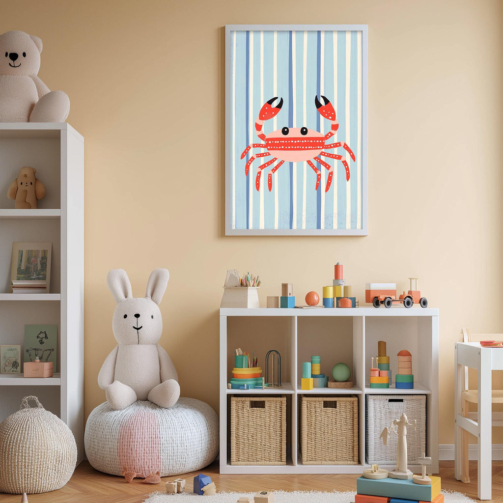 A child's bedroom with a stuffed rabbit, a framed picture of a crab, and a toy shelf filled with various toys.