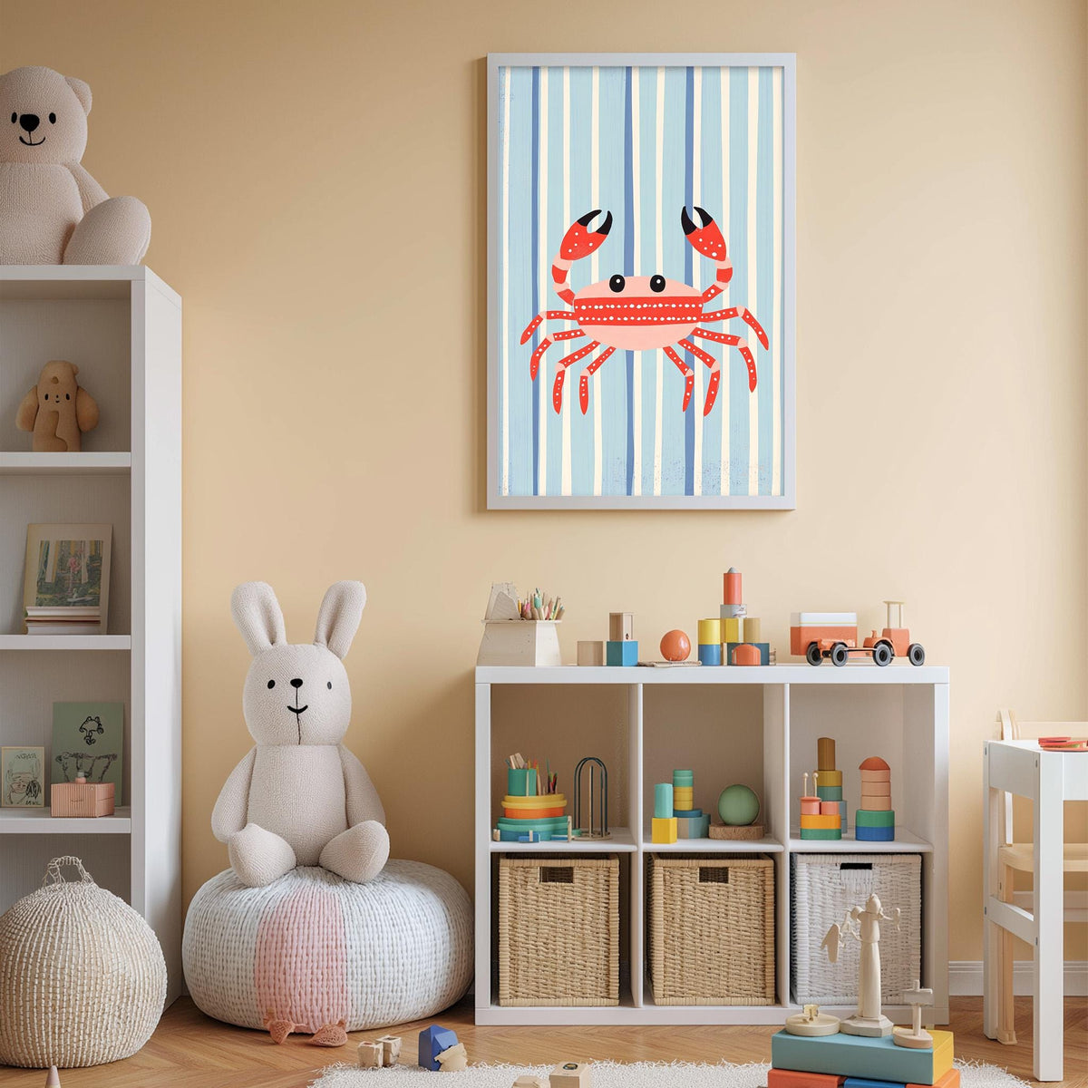 A child's bedroom with a stuffed rabbit, a framed picture of a crab, and a toy shelf filled with various toys.