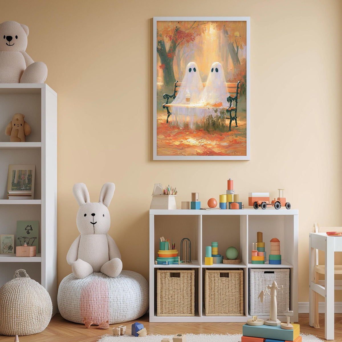 a cozy and colorful children's bedroom with a white bookshelf, a plush white bunny, and a framed painting of two ghostly figures in a forest setting.