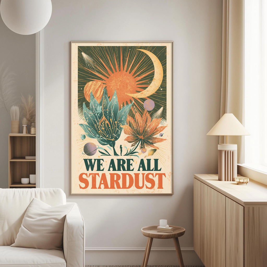 a poster with a vibrant, colorful design hanging on a wall in a living room.