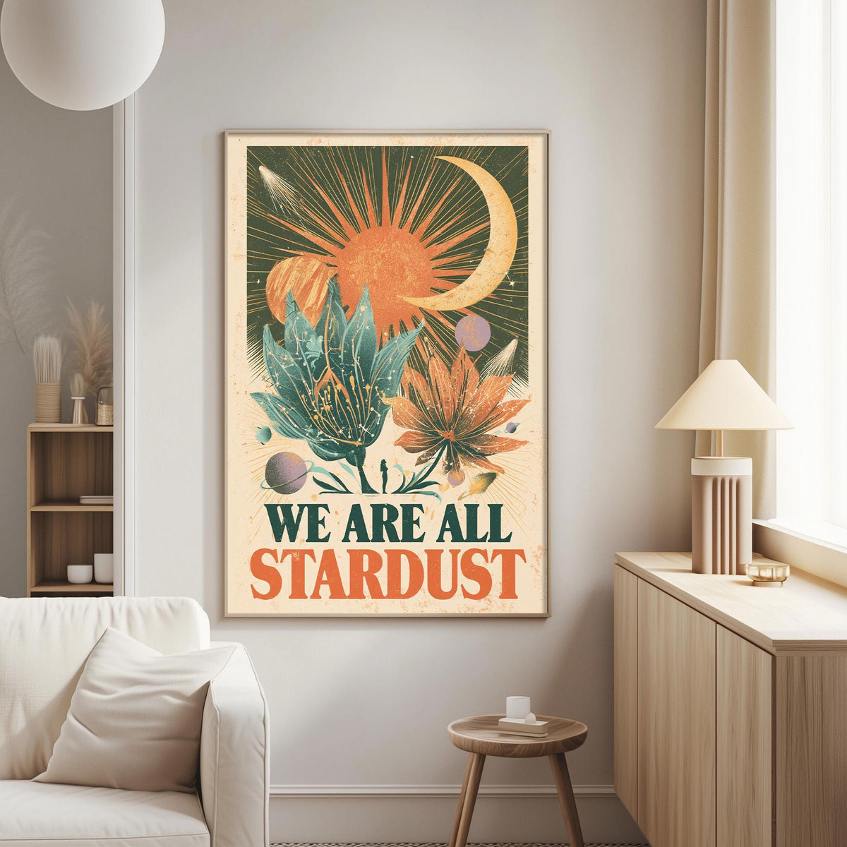 a poster with a vibrant, colorful design hanging on a wall in a living room.