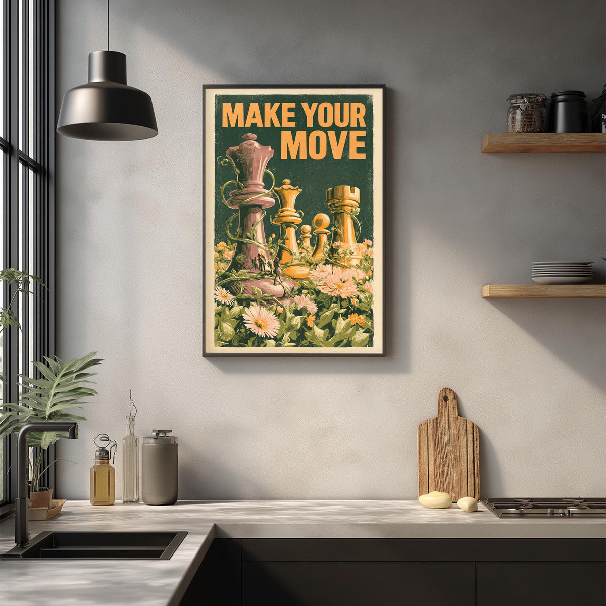 a framed poster with a chessboard and pieces, hanging on a wall above a kitchen counter.