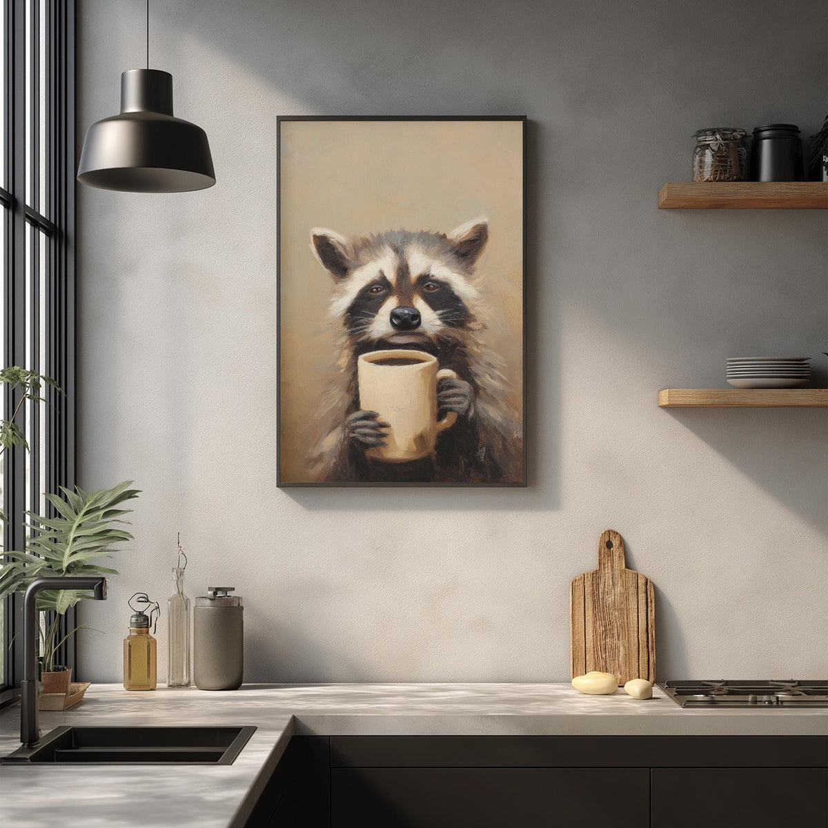 a raccoon holding a coffee mug in a kitchen setting.