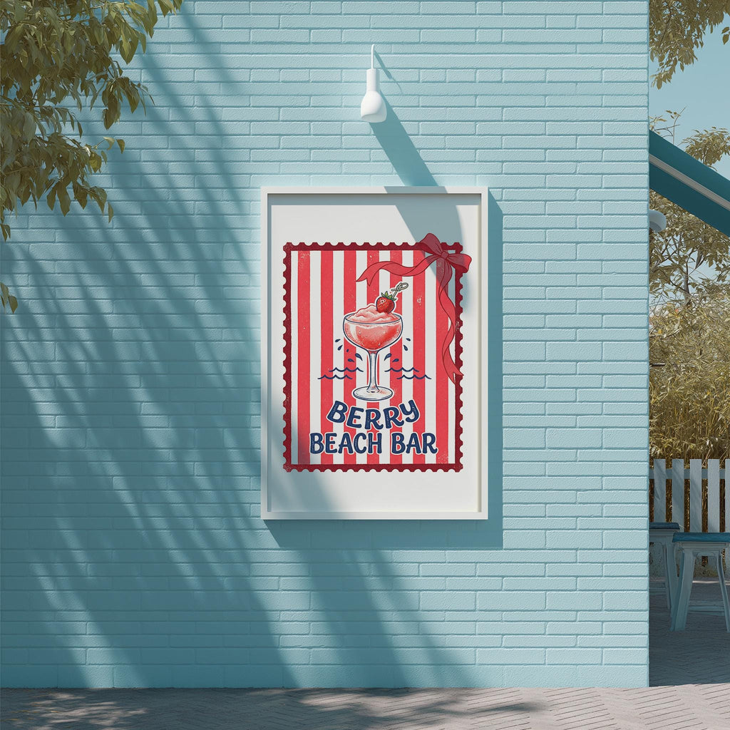a poster for a "Berry Beach Bar" with a red and white striped border and a red bow on top.
