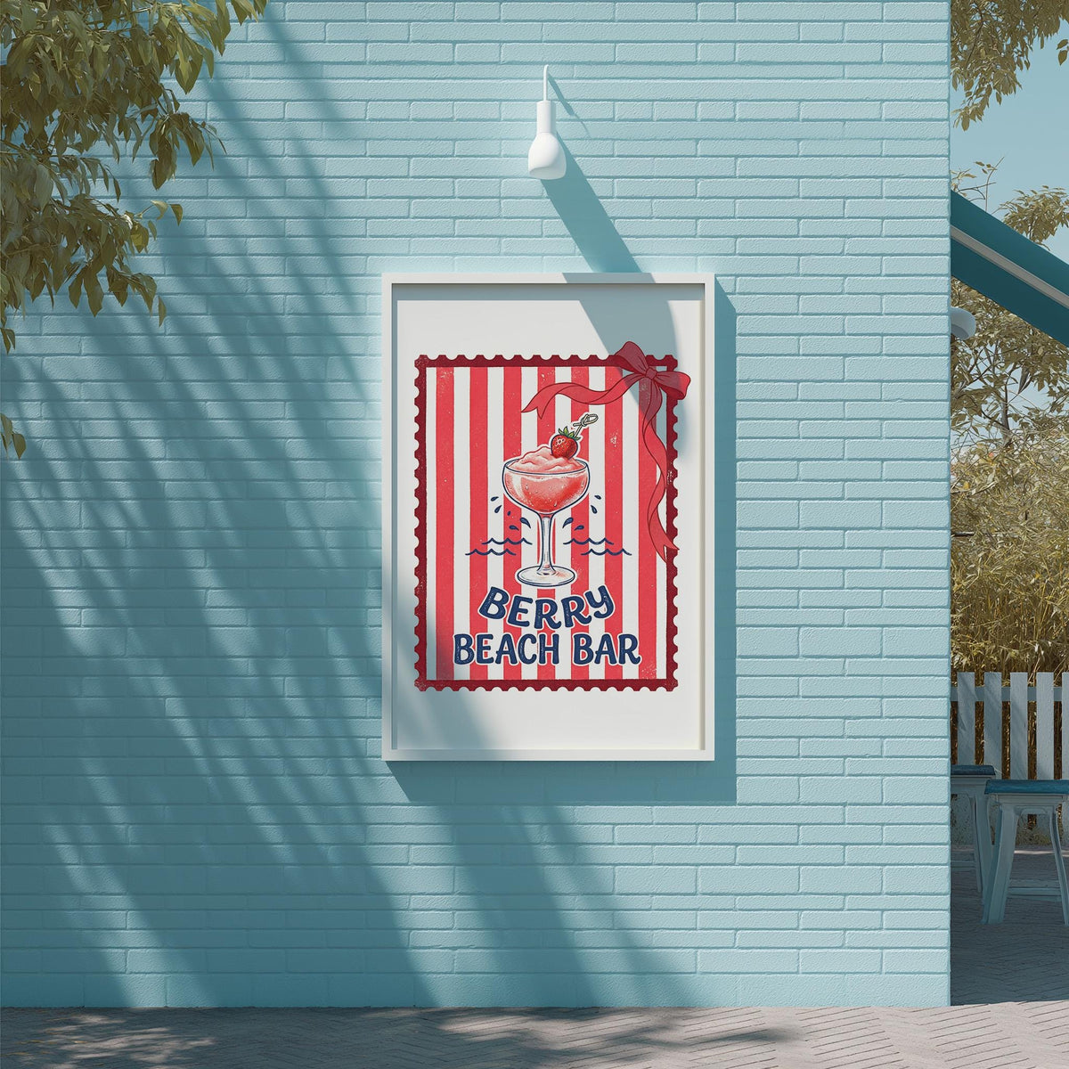 a poster for a "Berry Beach Bar" with a red and white striped border and a red bow on top.