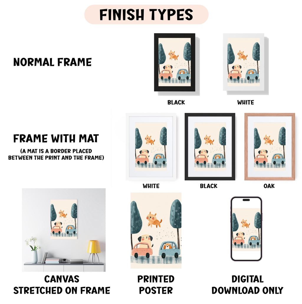various types of artwork, including a canvas stretched on a frame, a framed poster, and a digital poster. The artwork is presented in different frame colors and styles, such as a normal frame, a black frame, a white frame, and an oak frame. The artwork is also described as a frame with a mat, a white frame, a black frame, and a digital download only. The image is a collage of multiple images, and the text provides information about the different frame options and the type of artwork displayed.