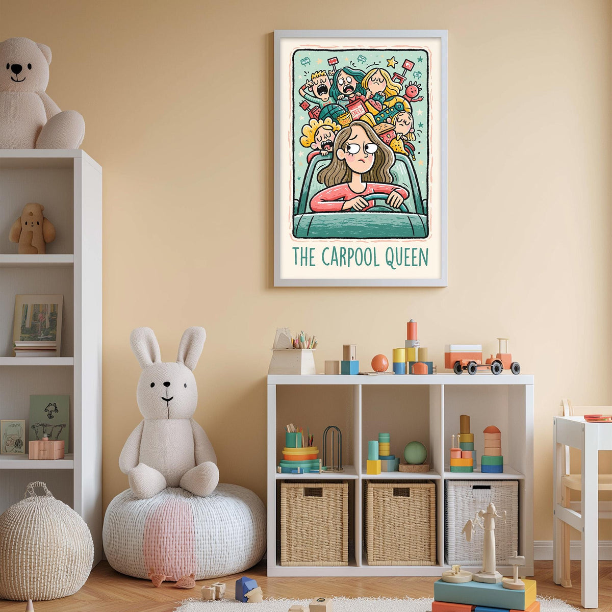 a child's bedroom with a large poster of a cartoon girl on the wall, a white bookshelf filled with toys, and a white chair.