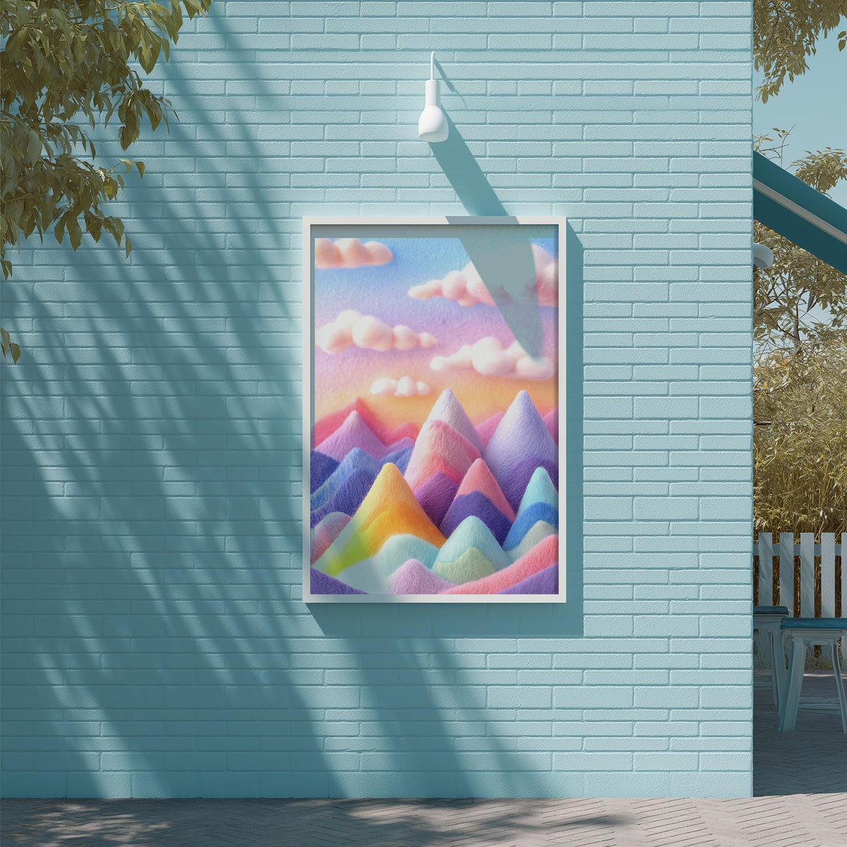 a vibrant, colorful painting of mountains set against a sky with clouds, hanging on a blue brick wall.