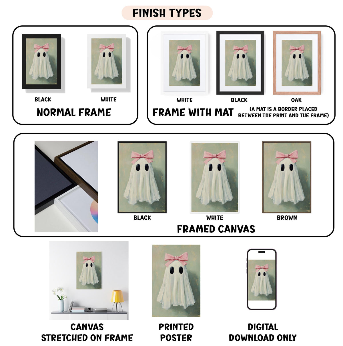 various images of a ghost with different finish types, including a normal frame, a frame with a mat, a framed canvas, a stretched canvas, a printed poster, and a digital download.