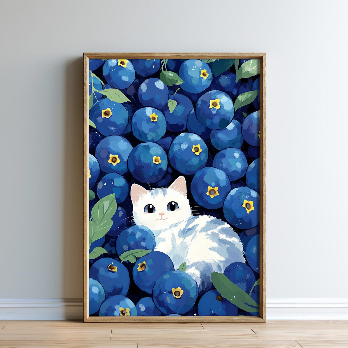 A framed illustration depicting a white cat sitting amidst a large pile of blueberries.
