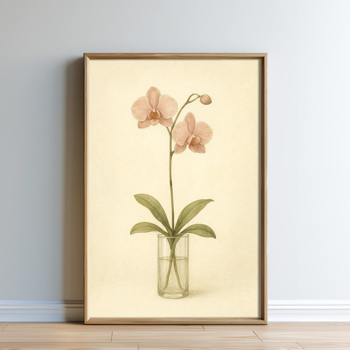 A framed painting of a pink orchid flower in a glass vase, set against a pale yellow background.
