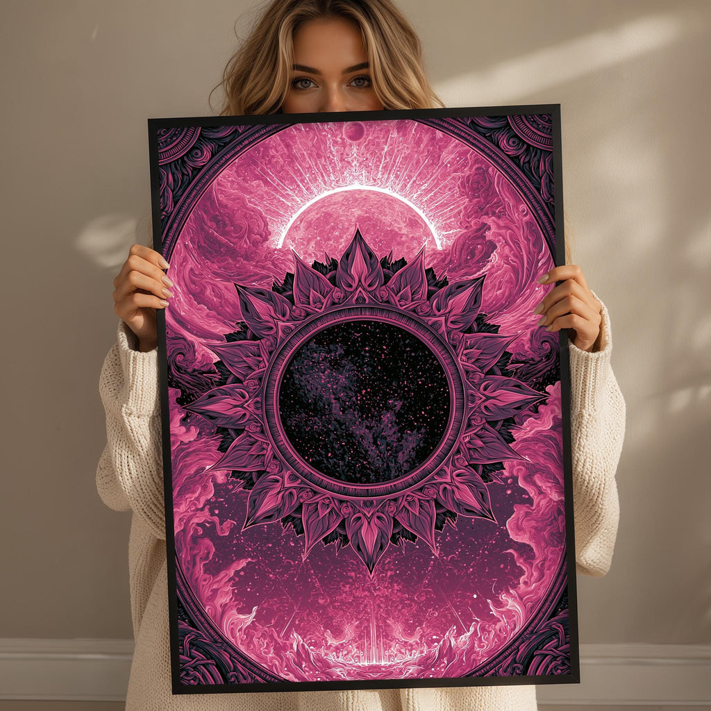 A woman holds up a framed poster with a vibrant, abstract design featuring a sun, moon, and floral patterns in shades of pink and purple.