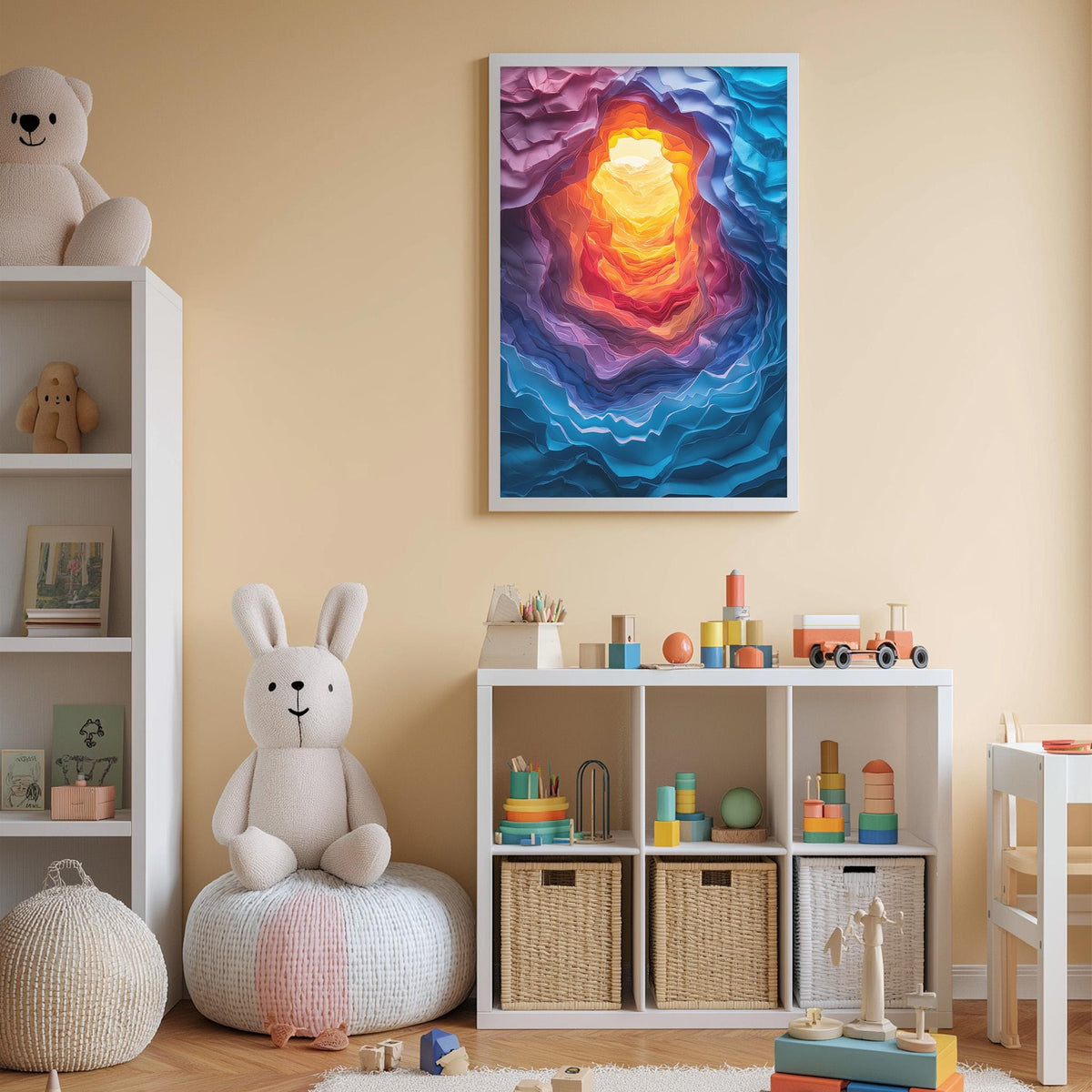 A child's bedroom with a large, colorful abstract painting on the wall, a white bookshelf filled with toys, and a white bean bag chair.