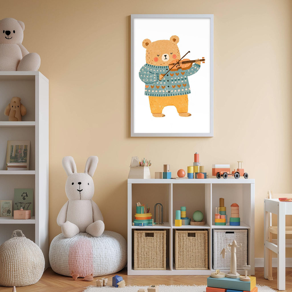 A cozy children's room with a white bookshelf, a plush rabbit, a stuffed bear, and a framed illustration of a bear playing a violin.
