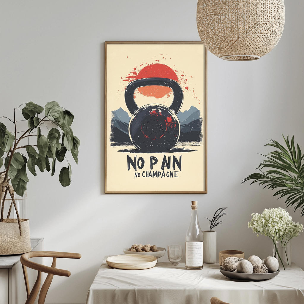a framed poster with a black kettlebell and a red sun in the background, hanging on a wall above a dining table with various items on it.