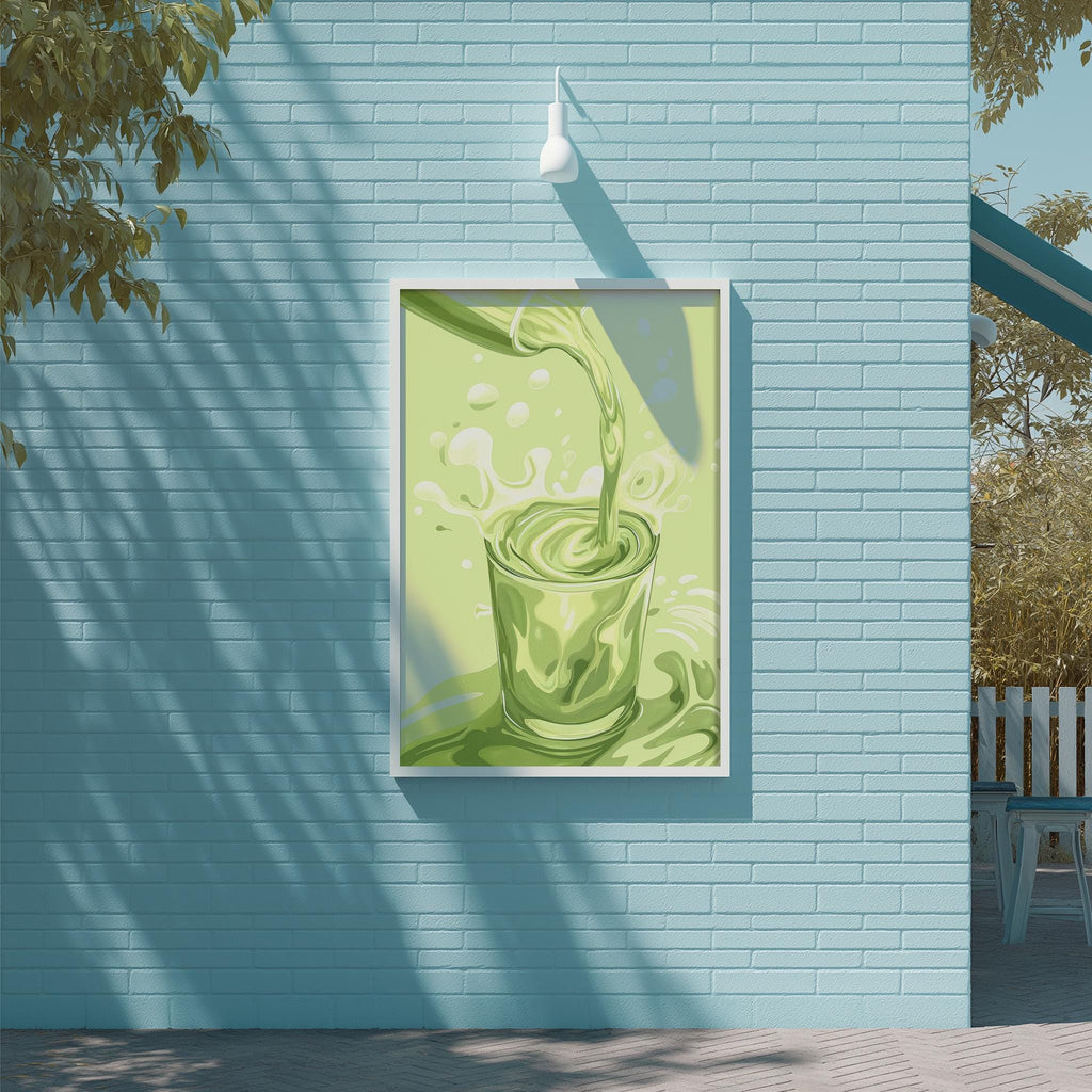 a vibrant green glass with a yellow liquid, possibly a drink, being poured into it, set against a blue brick wall.