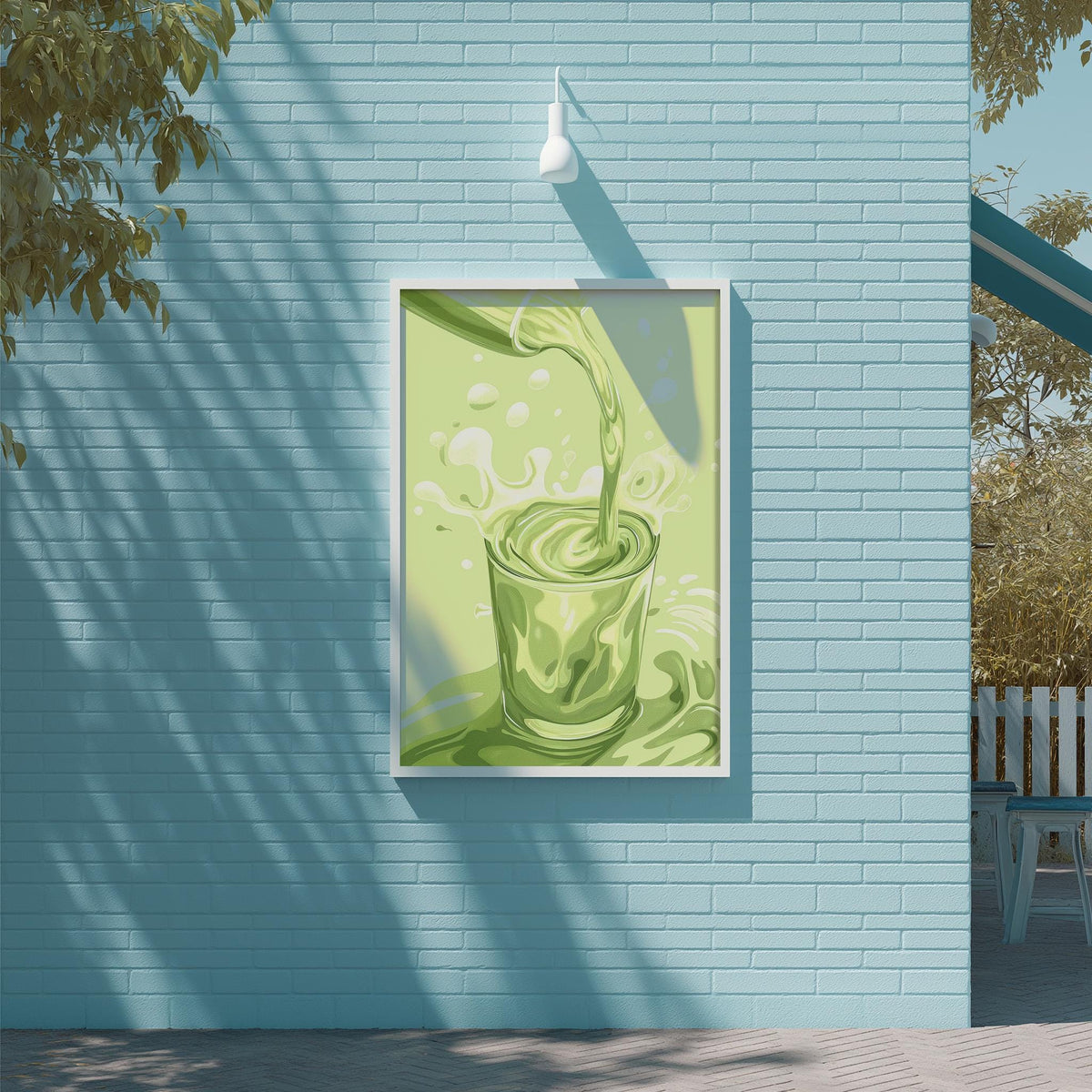 a vibrant green glass with a yellow liquid, possibly a drink, being poured into it, set against a blue brick wall.