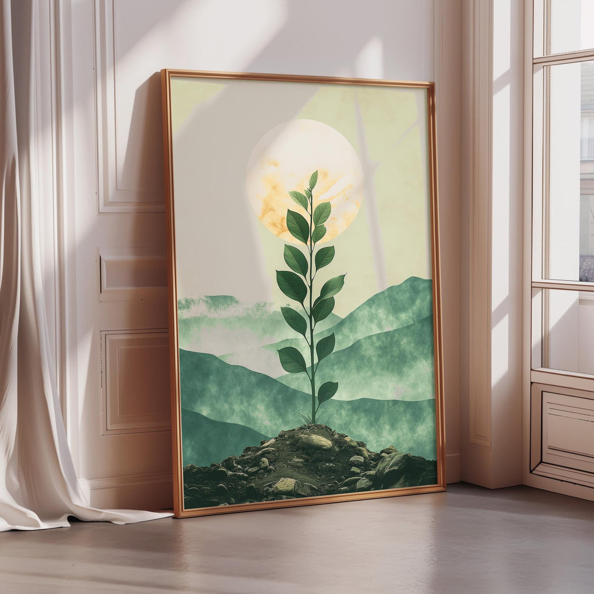 a large framed painting depicting a plant with green leaves growing on a rocky hillside, set against a mountainous landscape with a bright sun in the sky.