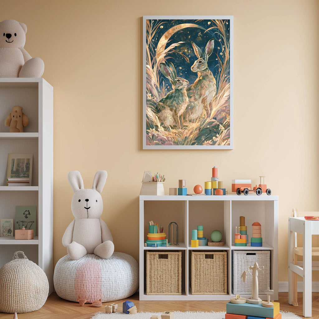 A cozy children's room with a large stuffed rabbit, a bookshelf, and a colorful toy set. The room has a warm, inviting atmosphere with a framed painting of rabbits on the wall.