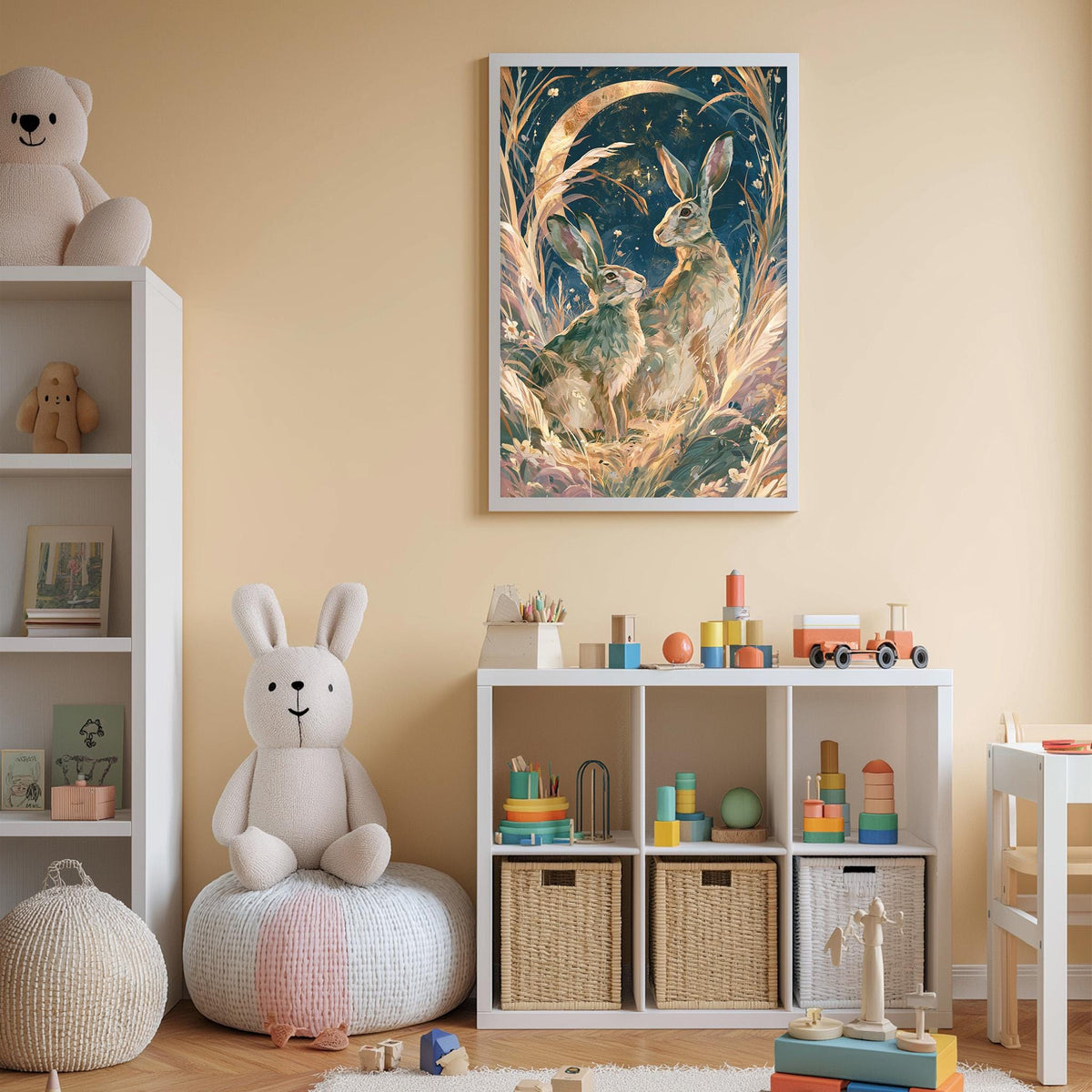A cozy children's room with a large stuffed rabbit, a bookshelf, and a colorful toy set. The room has a warm, inviting atmosphere with a framed painting of rabbits on the wall.
