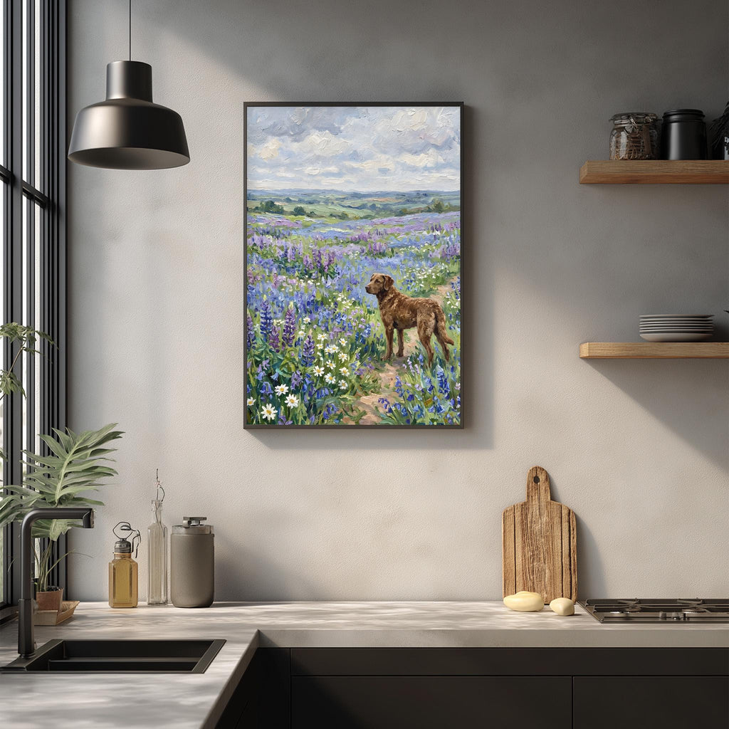 a framed painting of a dog standing in a field of flowers, with a wooden cutting board and other kitchen items visible below the painting on a kitchen counter.