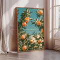 A framed poster with a vibrant image of orange trees and the text "STAY AWHILE" is displayed on a wall.