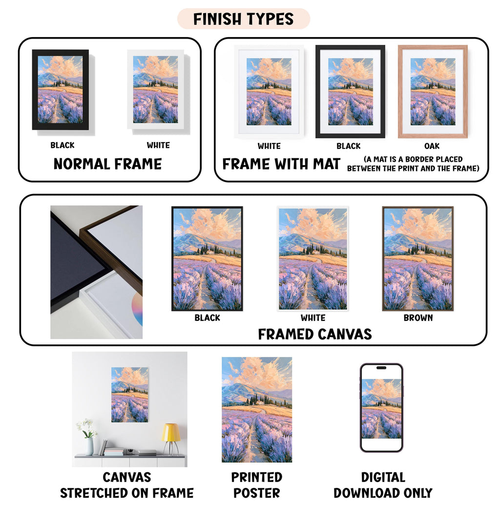 various types of artwork, including paintings, framed prints, and digital art, each with different finishes and frame styles.