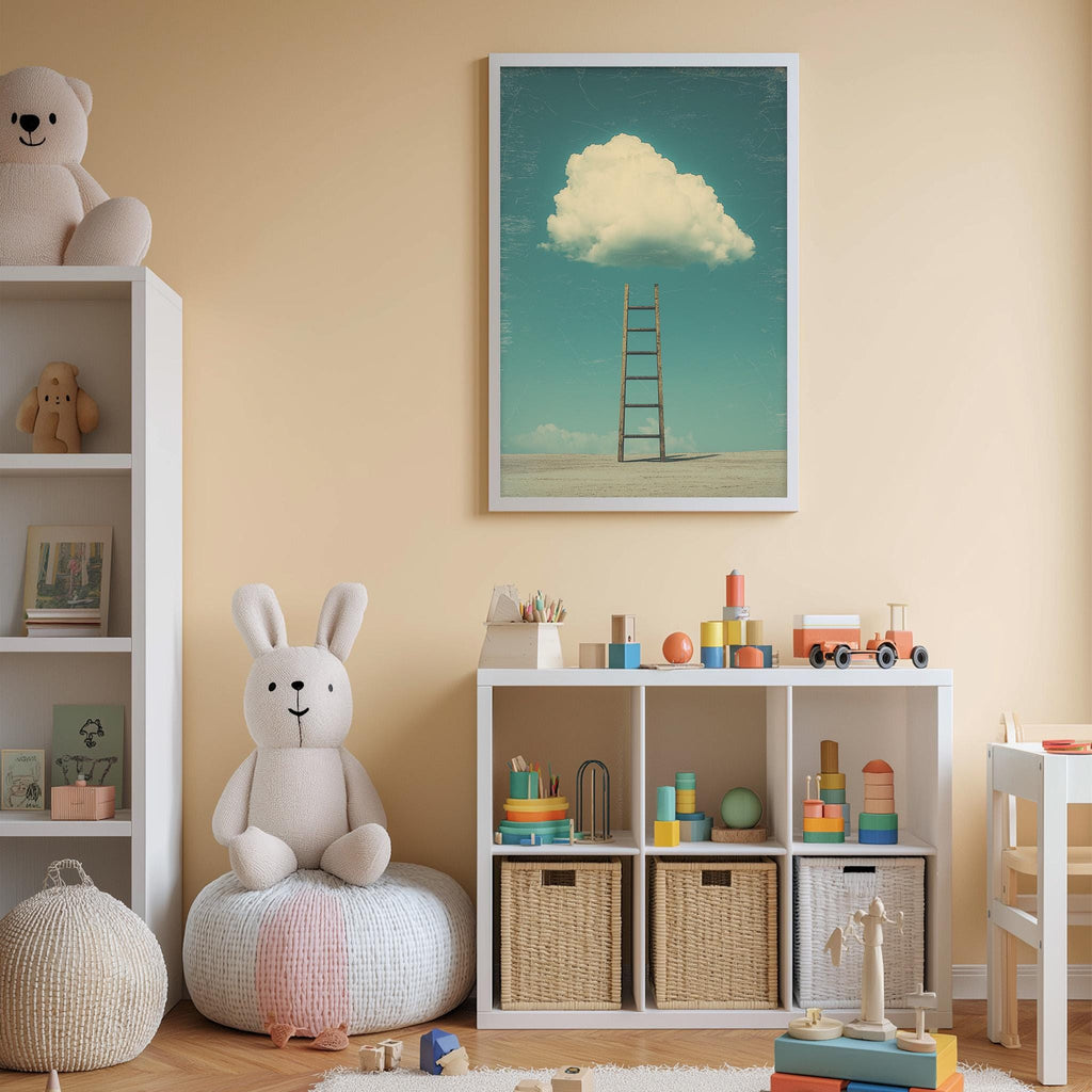 A cozy children's room with a white bookshelf, a plush rabbit, and a toy train. The room has a warm, inviting atmosphere with a framed picture of a ladder leading up to a cloud in the sky.