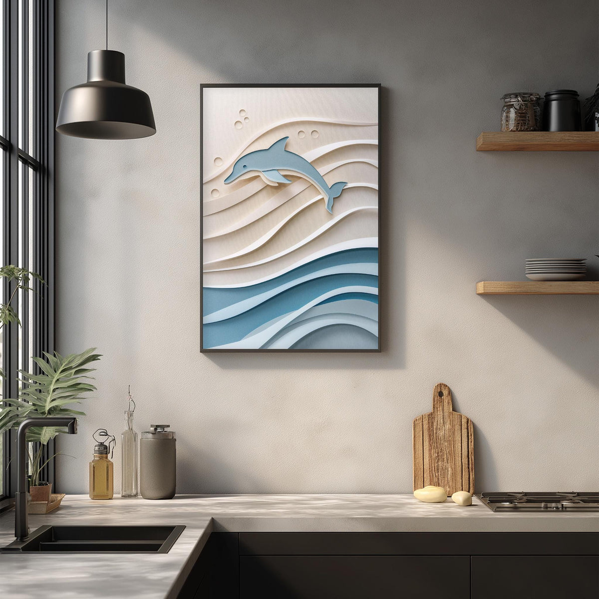 a modern kitchen with a framed artwork of a dolphin on the wall above a wooden cutting board and other kitchen items.