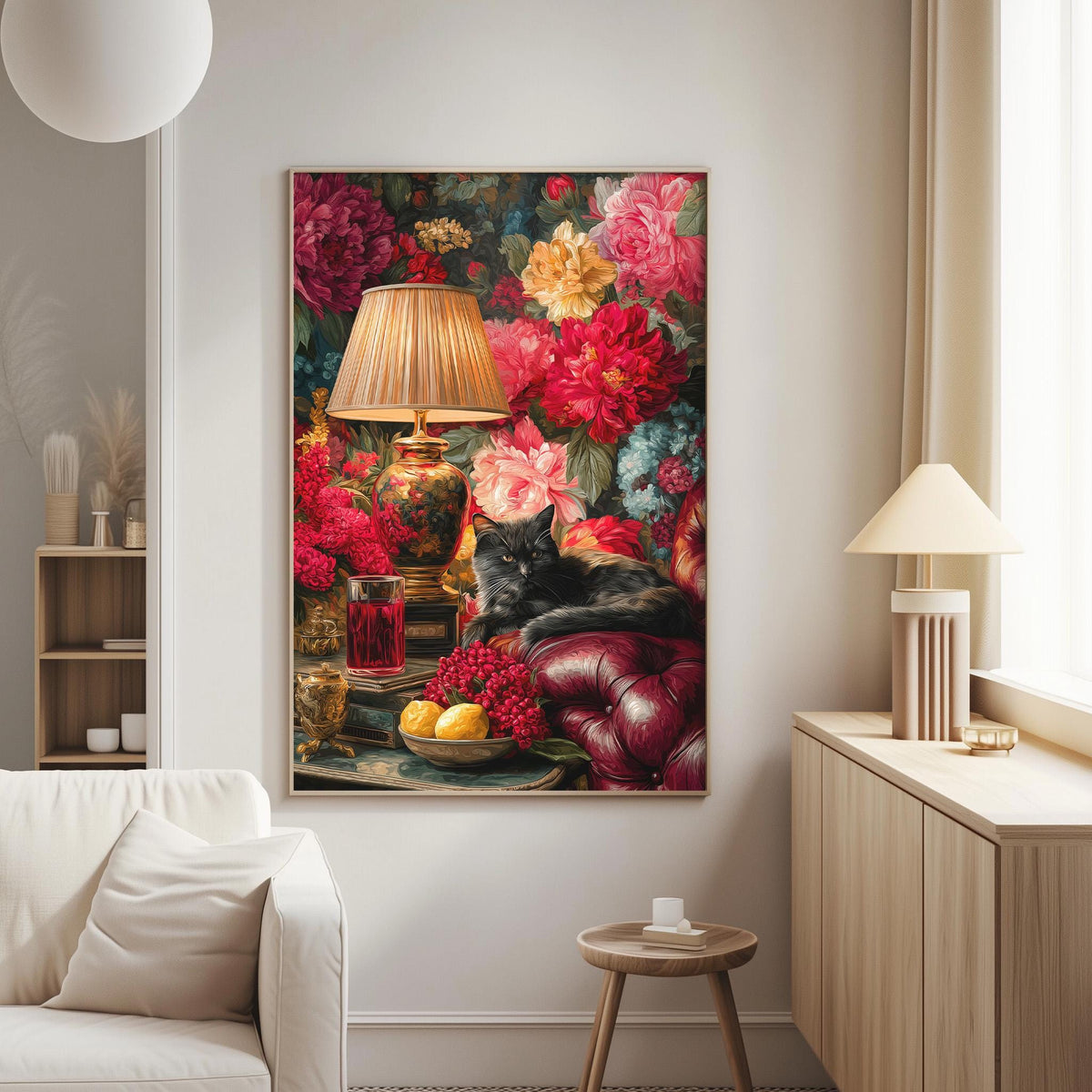 a large, vibrant floral painting hanging on a wall in a cozy living room. The painting depicts a cat resting on a red couch, surrounded by a variety of colorful flowers and a lamp. The room also includes a white sofa, a wooden side table, and a lamp on a nearby table.