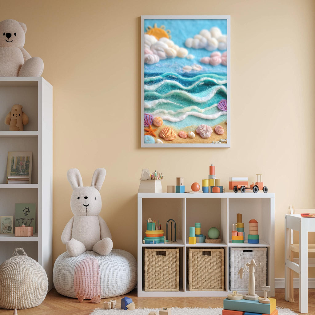 A cozy children's room with a large stuffed bunny, a bookshelf, and a colorful toy box filled with various toys. A framed picture of a beach scene is hanging on the wall above the toy box.