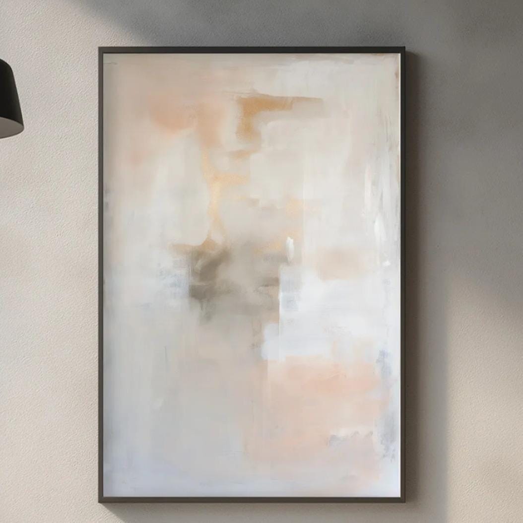 a modern kitchen with a large abstract painting hanging on the wall above a wooden cutting board and a sink.