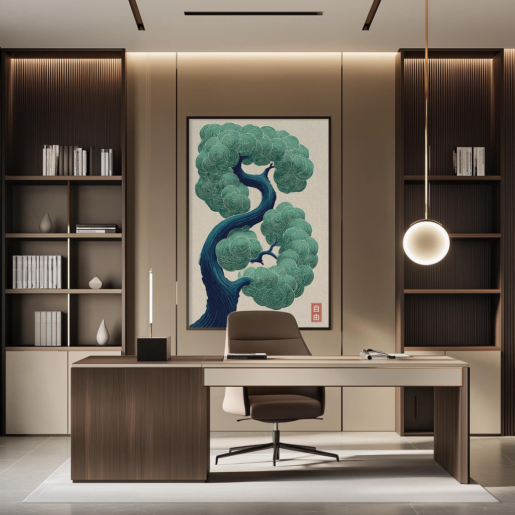 a modern and minimalist office space with a large tree-like artwork on the wall, a wooden desk with a chair, and built-in bookshelves.