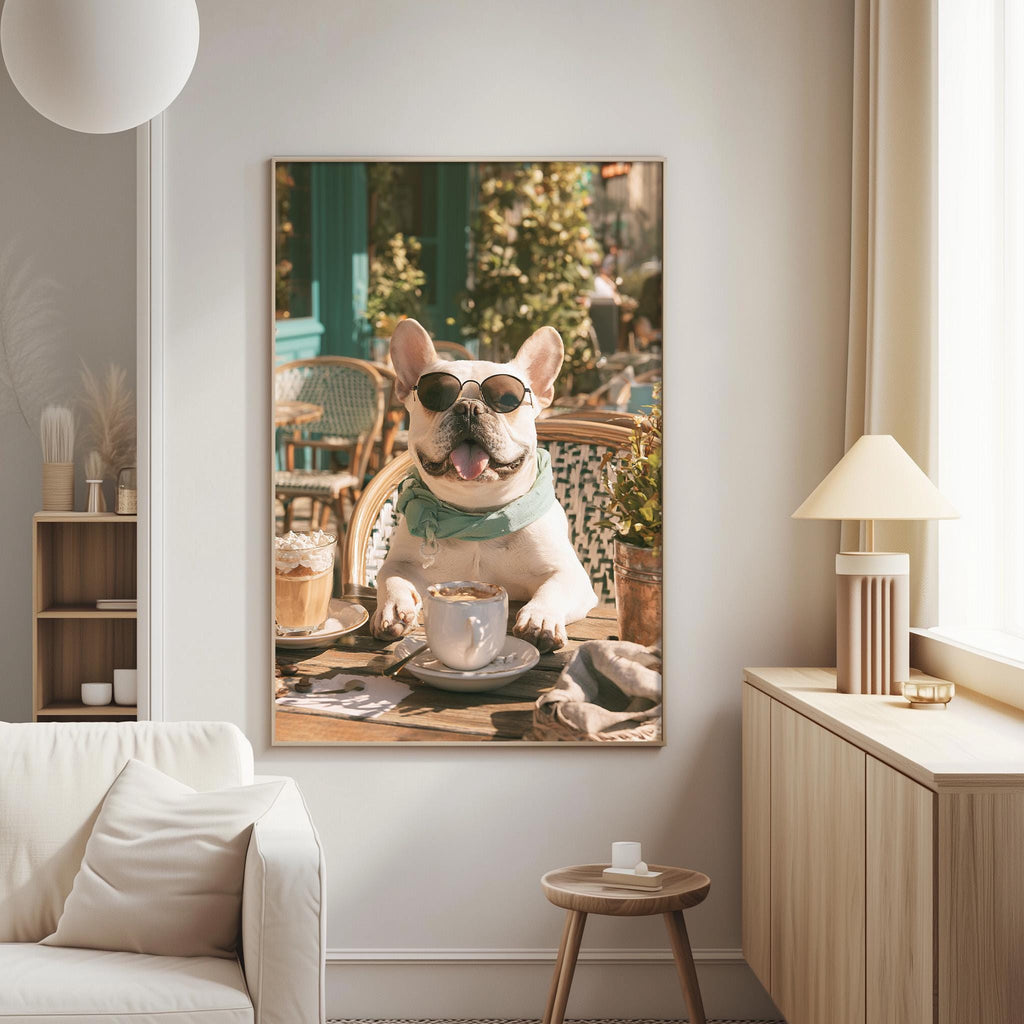 A French Bulldog wearing sunglasses is sitting at a table with a cup of coffee, as depicted in a framed artwork on the wall of a cozy living room.
