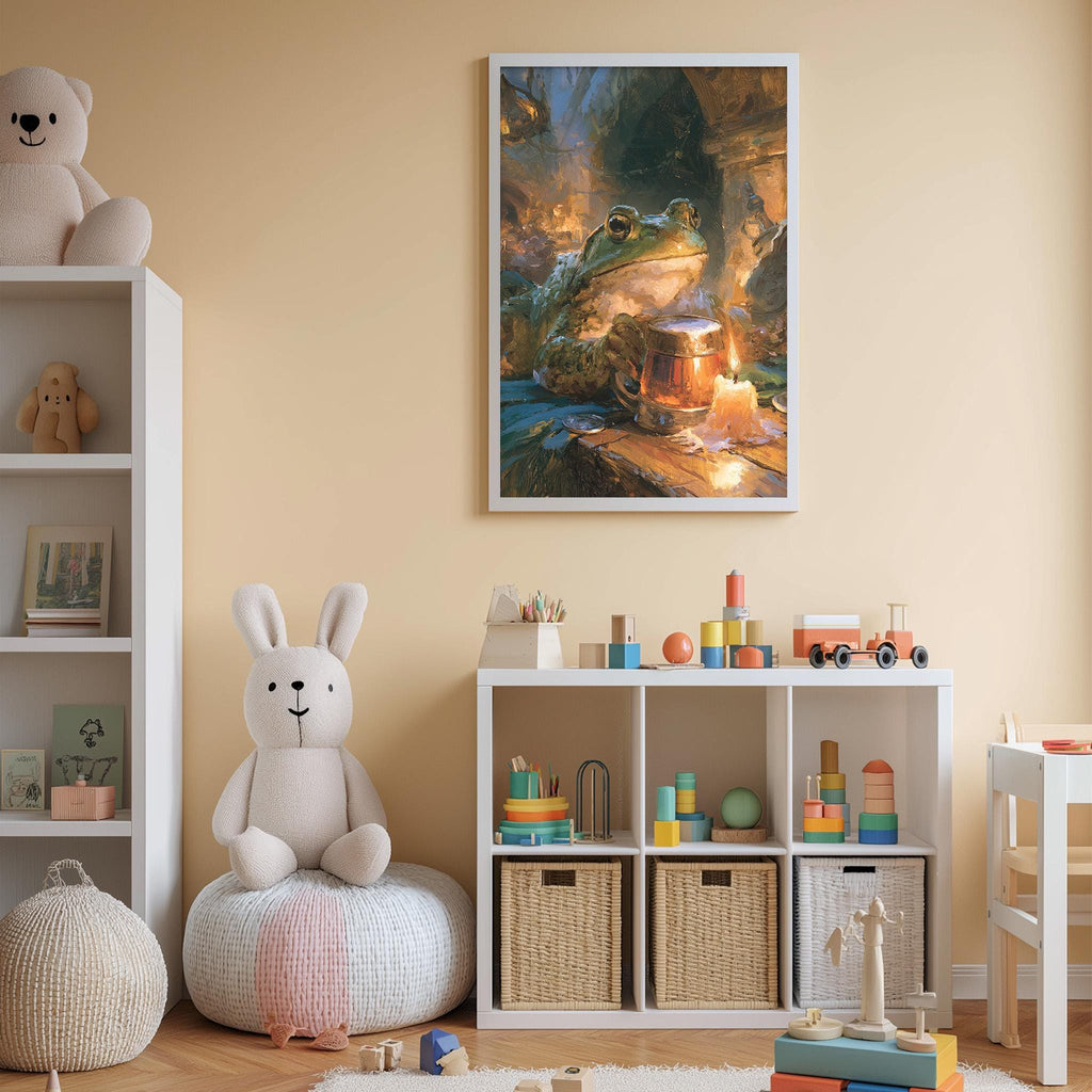 A cozy children's room with a white rabbit sitting on a bean bag chair, surrounded by a variety of toys and storage bins. A framed painting of a frog is displayed on the wall above a shelf filled with toys.