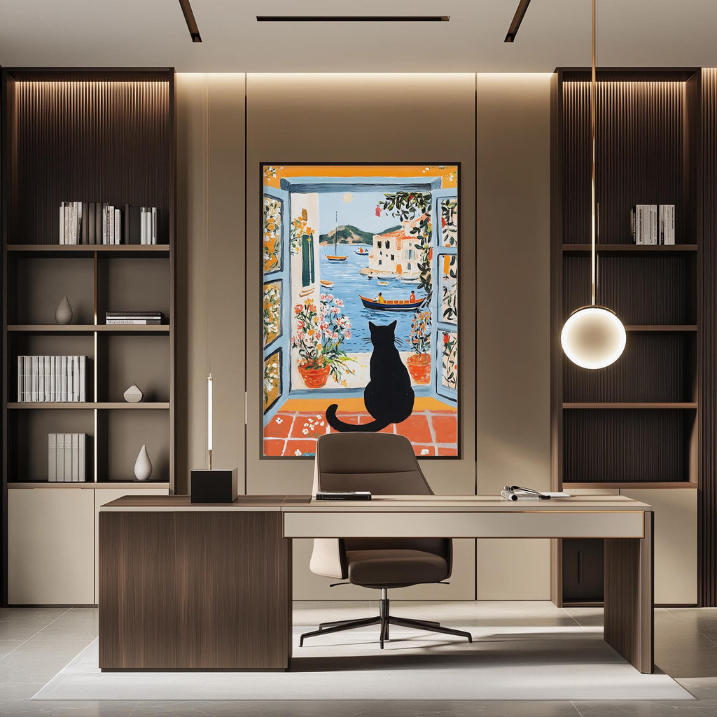 a modern office space with a large window that offers a view of a boat on the water. The office features a desk with a chair, a bookshelf, and a painting of a cat sitting on a windowsill.
