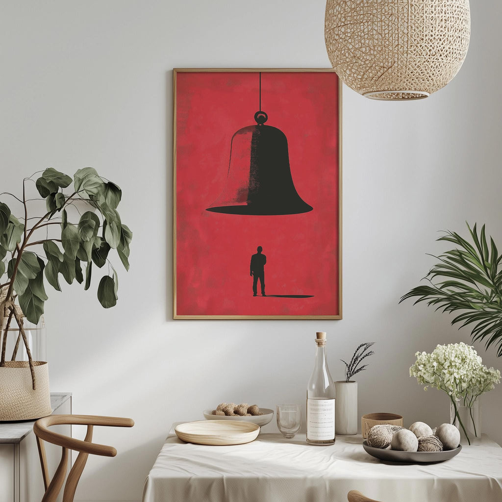 a dining table with a white tablecloth, a bowl of fruit, a bottle, and a vase with flowers. Above the table, there is a framed picture of a bell hanging on the wall.