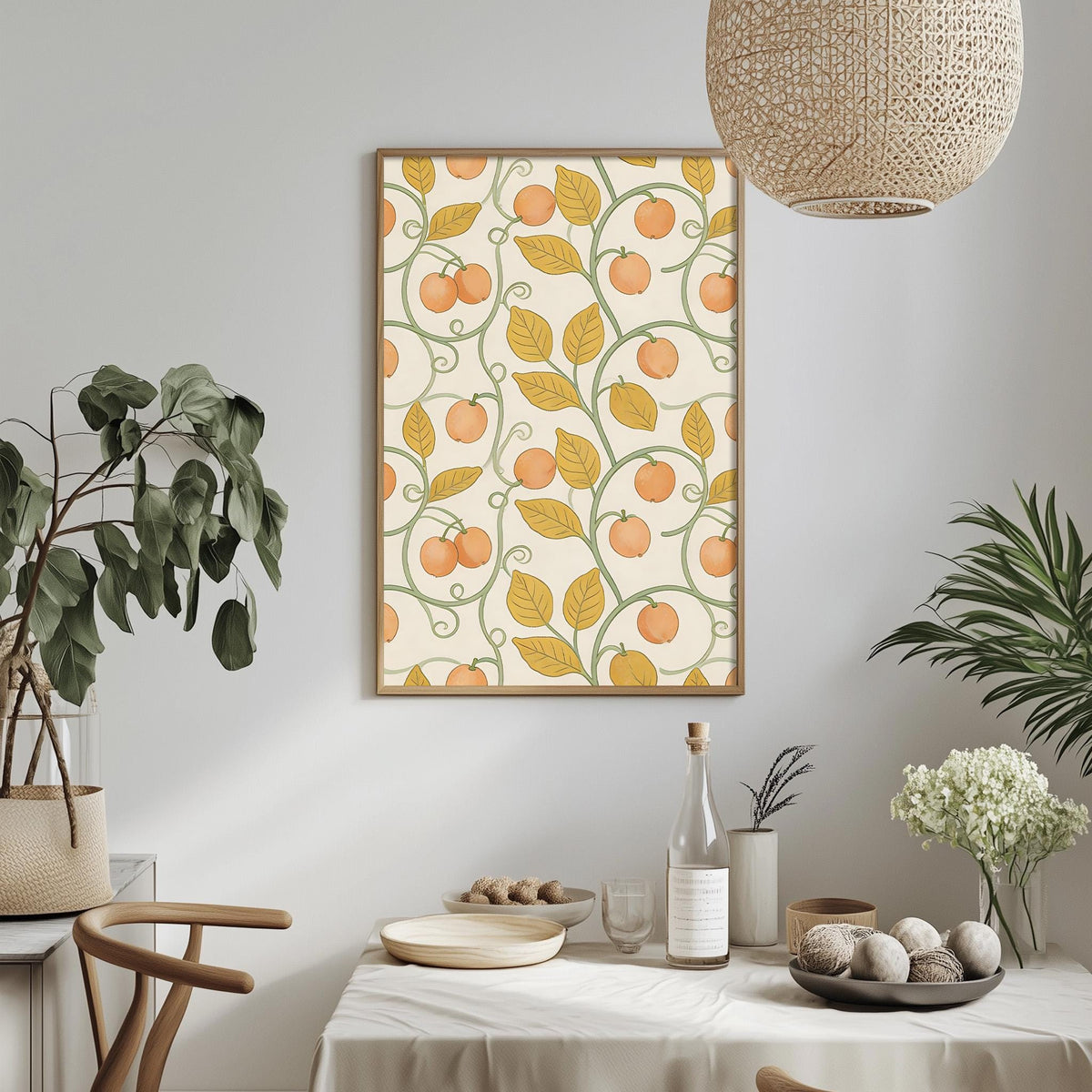 a dining area with a table set for a meal, surrounded by potted plants and a hanging light fixture. The centerpiece of the image is a framed print of an orange and green leaf pattern, which adds a touch of nature and warmth to the space.
