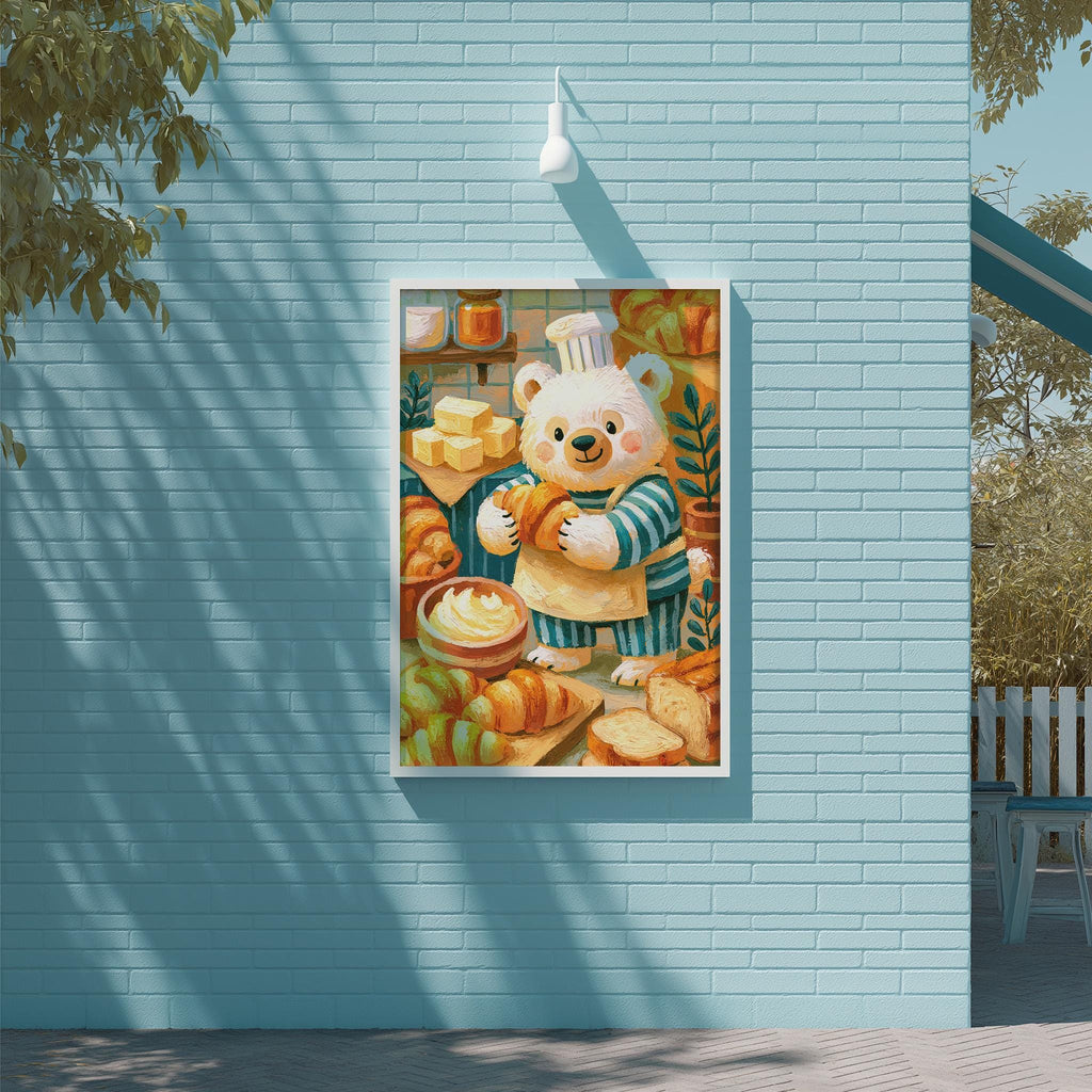 A framed illustration of a teddy bear wearing a chef's hat and apron, surrounded by various food items, is displayed on a blue brick wall.