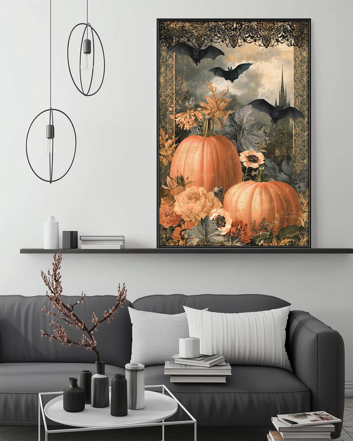 a living room with a gray sofa, a coffee table, and a large framed artwork depicting pumpkins, flowers, and bats hanging on the wall above the sofa.