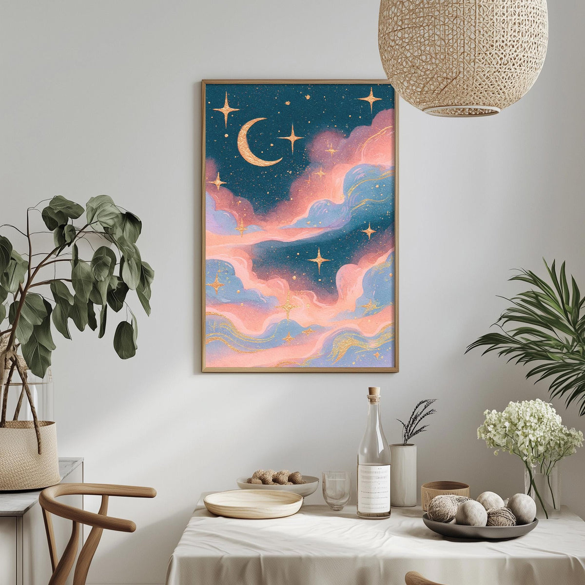 a framed painting of a night sky with a crescent moon and stars, hanging on a wall above a dining table with various decorative items and plants.