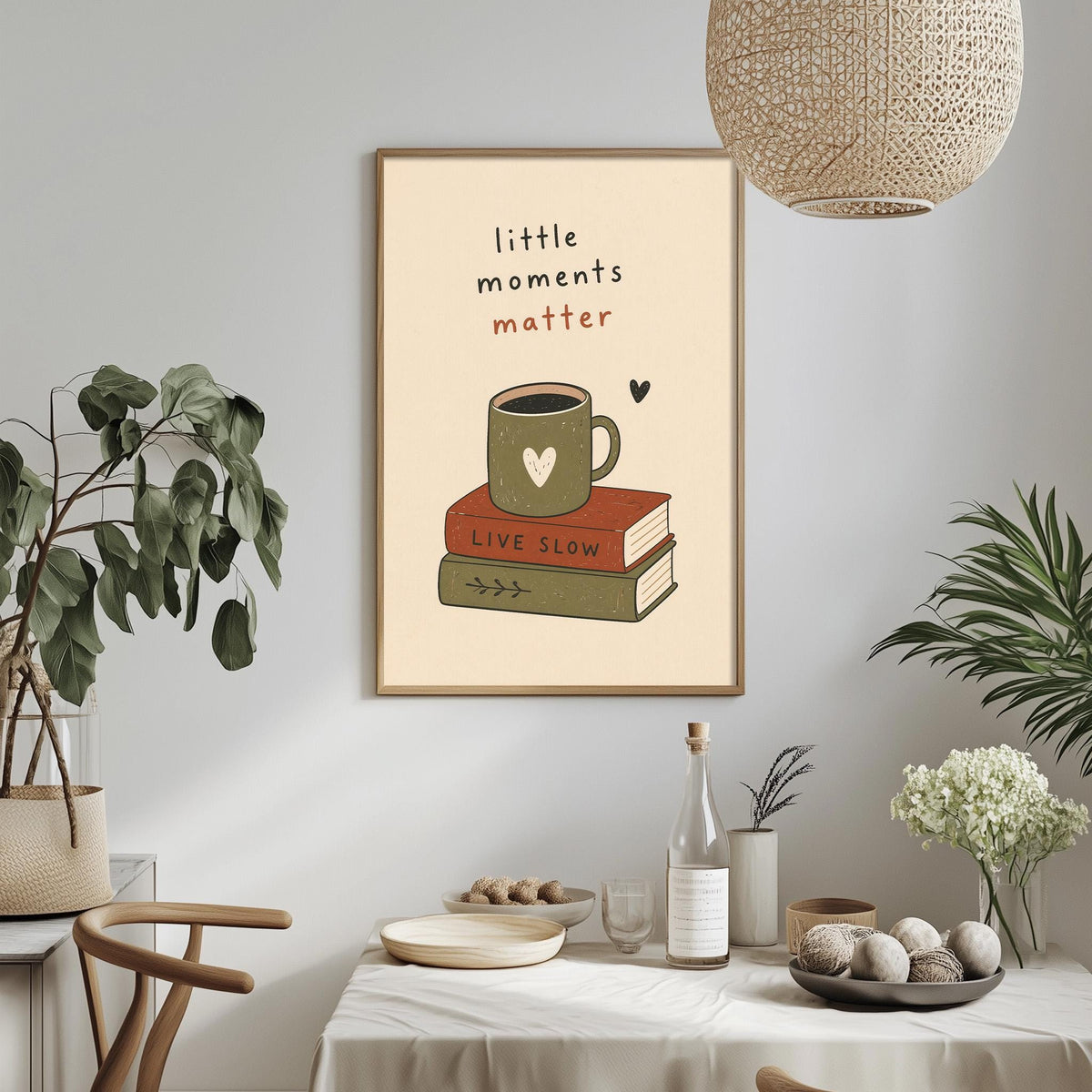 a cozy and inviting dining area with a framed poster on the wall that reads "little moments matter" and includes an illustration of a cup of coffee and a book. The poster is surrounded by various decorative elements, such as potted plants, vases, and bowls, creating a warm and welcoming atmosphere.