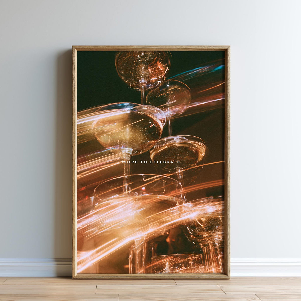 The image is a framed poster with a vibrant, abstract design featuring a mix of orange, yellow, and green colors, along with blurred, dynamic lines and shapes.